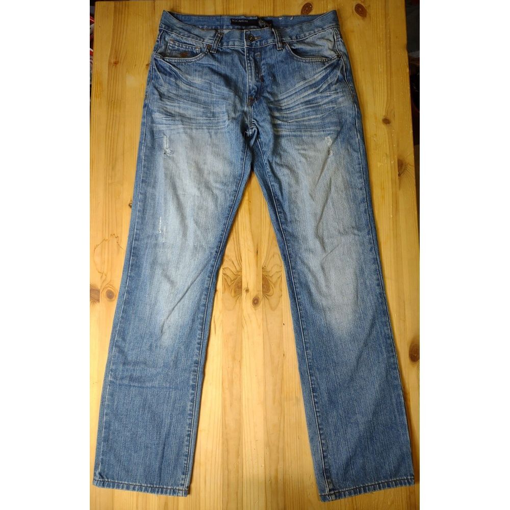 Rocawear Jeans Straight Fit Men's 32x33 Blue Distressed Fade Whisker Denim Y2K